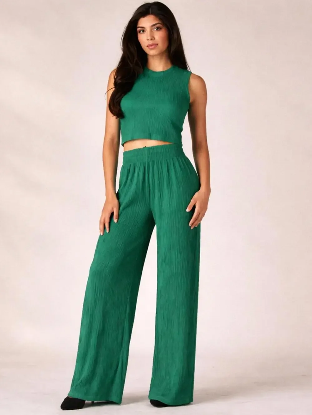 Love Poem Plisse Lounge Set M Emerald Green Wide Leg 2pc Spring NWT